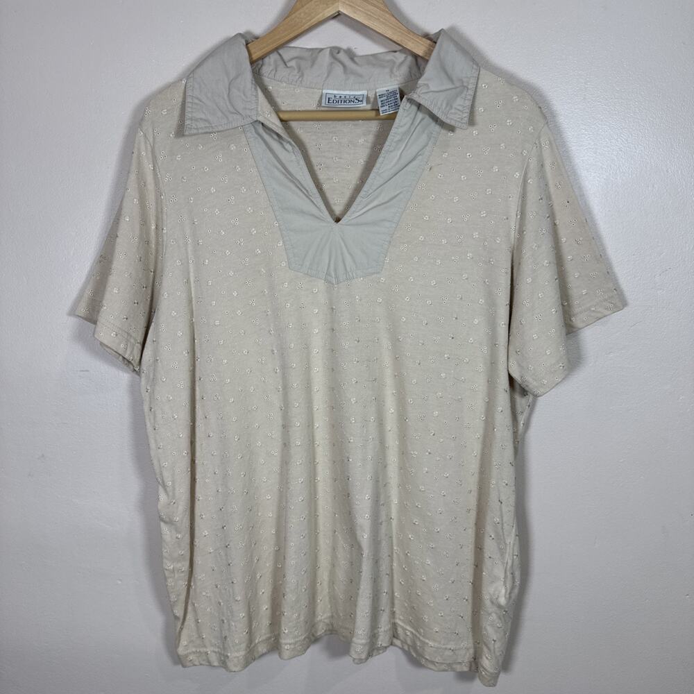 VTG Basic Editions Womens Plus Size Top Eyelet Embroidered 1X Cotton Boho Twee